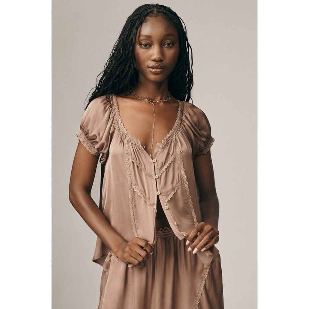 Anthropologie Amber Silky Top Large Romantic Coquette Satin Lace Trim Babydoll